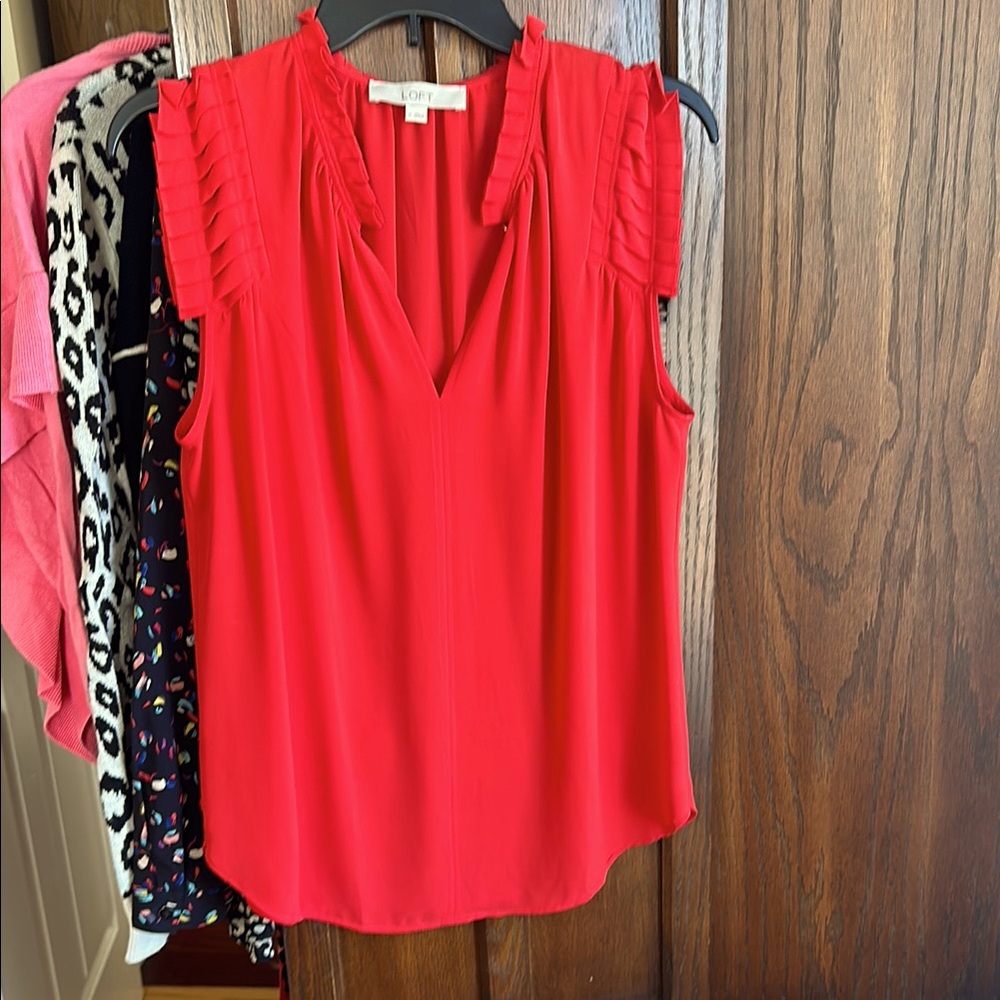 LOFT Red Blouse with Ruffled Style and Mandarin Collar